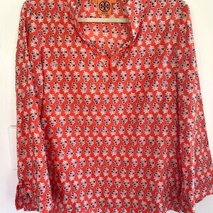 Tory Burch Coral Red Printed V-Neck Long Sleeve Blouse